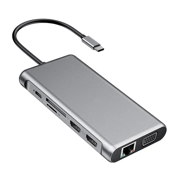12 1 USB Tipo C HUB 4 USB3.0 USB-C 2 1080P HDMI VGA, RJ45 3.5 mm SD TF Adapteris Sąsiuvinis Išmanųjį telefoną Plėtra Skaičiuoklė