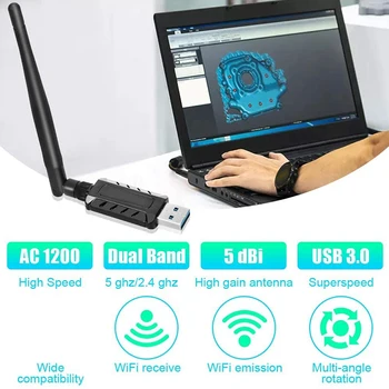 1200Mbps Dual Band Wi-Fi Adapteris su 5DBi Didelio jautrumo Antena, USB 3.0 Bevielio ryšio WiFi Adapteris, skirtas PC, 