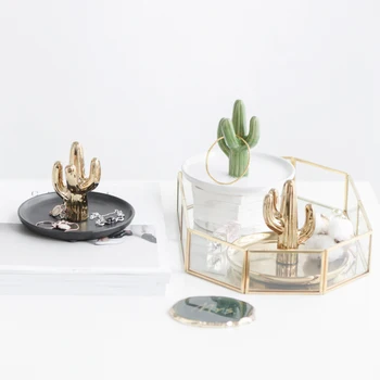 13x10.5cm Nordic auksą, padengtą kaktusas keramikos saugojimo plokštė užkandis, desertas plokštės papuošalų, indų, papuošalų laikiklį stalo ornamentas