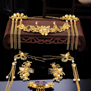 2018 Nuotakos galvos Apdangalai Kinų stiliaus Aukso paprasta Atmosferos Vestuvių Naujo stiliaus Kinijos Vėjo Vestuvių plaukų papuošalai kutai