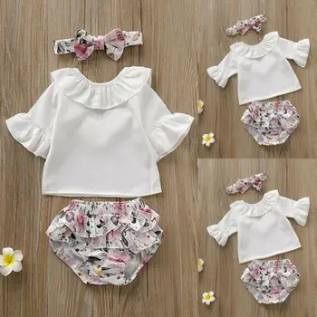 2019 Bamblys Vaikams Baby Girl Vasaros Pynimas Rankovės Viršūnės T-shirt Gėlių Šortai 3Pcs Rinkinys