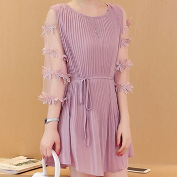 2019 M. Pavasarį Ponios Akies Pusė Rankovės Šifono Lace A-Line Mini Suknelė Korėjos Ulzzang Moterų Nėriniai-Up Lankas Virš Kelio Plisuotos Dres