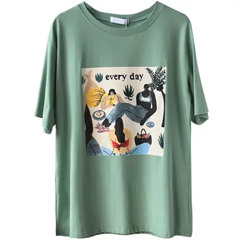 2019 m. vasarą naujų korėjos versija retro spausdinti aliejaus tapybai vientisos spalvos atsitiktinis mados medvilnės trumpomis rankovėmis T-shirt moterims