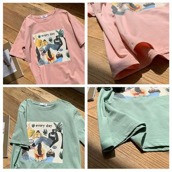 2019 m. vasarą naujų korėjos versija retro spausdinti aliejaus tapybai vientisos spalvos atsitiktinis mados medvilnės trumpomis rankovėmis T-shirt moterims
