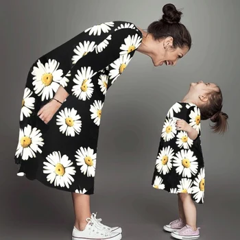 2019 Naujų Rudens Ilgomis Rankovėmis Chrizantemų Printed Dress Atitikimo Šeimos Drabužius Motina Vaiką,
