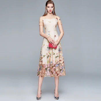 2020 Dizaineris kilimo ir tūpimo Tako Suknelė Naują atvykti Akių siuvinėjimo Gėlių moterims vasaros suknelė trumpomis rankovėmis saldus Ilga suknelė
