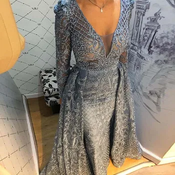 2020 M. Dubajaus Dulkių Blue Elegantiškas Visą Rankovės Vakaro Suknelės V-Kaklo Išsiuvinėtu Kristalų Vakare Chalatai, Plius Dydis