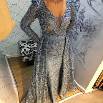 2020 M. Dubajaus Dulkių Blue Elegantiškas Visą Rankovės Vakaro Suknelės V-Kaklo Išsiuvinėtu Kristalų Vakare Chalatai, Plius Dydis