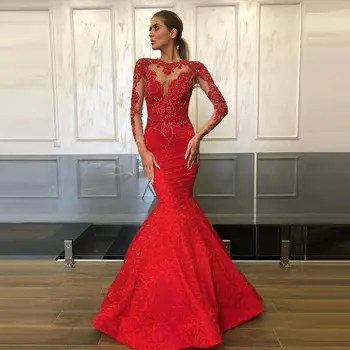 2020 M. Moteris, Skaidrus, Pilnas Rankoves Artimųjų Rytų Elegantiškas Oficialų Raudonos Suknelės Šalies Undinė Appliques Lentjuostės Ilgai Chalatai