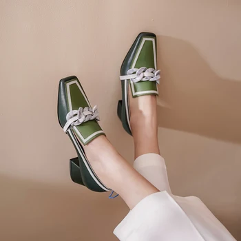 2020 m. pavasarį naujas natūralios odos žalia moterų bateliai aukštakulniai moterims Spalva blokuoti aikštėje kojų kulno vidurio mokasīni, Mėlyna ladie batai