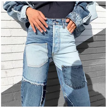 2020 m. Žiemos derliaus kratinys sukrauti džinsai streetwear tiesios kojos cool džinsai moterims
