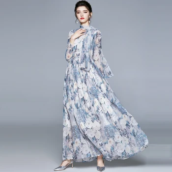 2020 Moterų Pavasario Vasaros kilimo ir tūpimo Tako Derliaus Ilgos Suknelės Elegantiškas Lankas Apykakle ilgomis Rankovėmis Gėlių Spausdinti Šifono Suknelė Vestdios