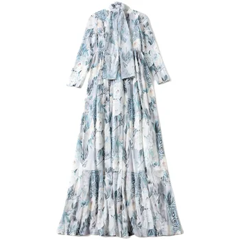 2020 Moterų Pavasario Vasaros kilimo ir tūpimo Tako Derliaus Ilgos Suknelės Elegantiškas Lankas Apykakle ilgomis Rankovėmis Gėlių Spausdinti Šifono Suknelė Vestdios