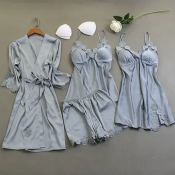 2020 Moterų Šilko Pižama Rinkiniai Su Krūtinės Pagalvėlės Ponios Spausdinti Pijama Sleepwear Lounge Rinkiniai 4 Gabalus Spageti Diržas Satino Pižamos