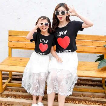 2020 naujas Atitikimo Šeimos Komplektus Vasaros Mama Dukra Medvilnės marškinėliai +suknelė Poilsio Pajūrio Pliažas Atitikimo Drabužius