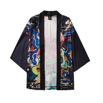 2020 Naujas Balck Prarasti Kinų Drakonas Vasaros Paplūdimio Cardigan Harajuku Japonų Kimono Stiliaus Moterys Vyrai Topai Marškinėliai Azijos Drabužiai