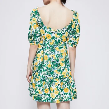 2020 naujas Vasaros Sluoksniuotos rankovėmis Mini suknelė Kvadratas Žalia apykakle Spausdinti Moterų-line suknelė Elegantiškas paplūdimio Vestidos Mados INKEO 9D188