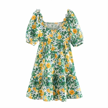 2020 naujas Vasaros Sluoksniuotos rankovėmis Mini suknelė Kvadratas Žalia apykakle Spausdinti Moterų-line suknelė Elegantiškas paplūdimio Vestidos Mados INKEO 9D188