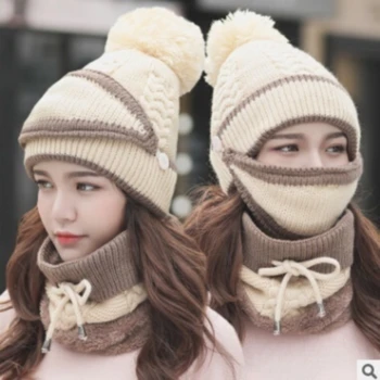 2020 Skrybėlę žiemos moterų Kaukė Kepurės Mergaitėms Šalikas Storas Šiltas Vilnos Viduje Megzti Skrybėlę ir Skara Nustatyti 3pcs Žiemos Jojimo Mados Kepurės