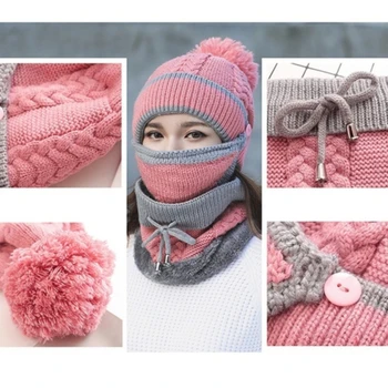 2020 Skrybėlę žiemos moterų Kaukė Kepurės Mergaitėms Šalikas Storas Šiltas Vilnos Viduje Megzti Skrybėlę ir Skara Nustatyti 3pcs Žiemos Jojimo Mados Kepurės