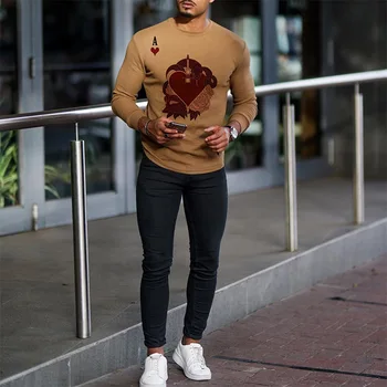 2020 Vyrų Europos Ir Americam Stiliaus vyriški T-shirt O-kaklo, ilgomis Rankovėmis, Žaisti Kortelės Modelio Minkštas Plonas Kūrybos Vyrų Megztinis