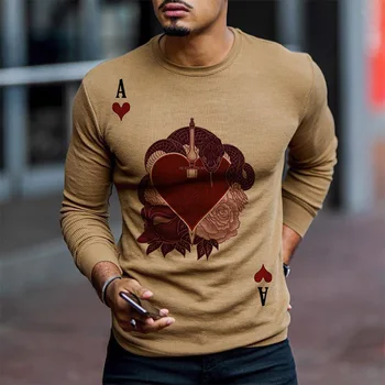 2020 Vyrų Europos Ir Americam Stiliaus vyriški T-shirt O-kaklo, ilgomis Rankovėmis, Žaisti Kortelės Modelio Minkštas Plonas Kūrybos Vyrų Megztinis