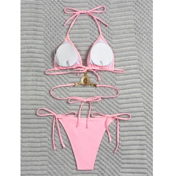 2021 Bikini Komplektas Rožinės spalvos Maudymosi Moterų Mados Krištolo ir Deimantų Maudymosi kostiumai Seksualus Trikampis Tvarstis biquinis Dviejų dalių Plaukti Maudymosi Kostiumas