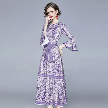 2021 m. pavasarį Moterys Bohemijos Ilga Suknelė Vintage Spausdinimas O kaklo, ilgomis Rankovėmis Diržas-Line Atostogų Maxi Suknelė vestidos