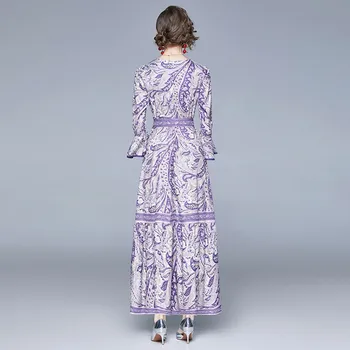 2021 m. pavasarį Moterys Bohemijos Ilga Suknelė Vintage Spausdinimas O kaklo, ilgomis Rankovėmis Diržas-Line Atostogų Maxi Suknelė vestidos
