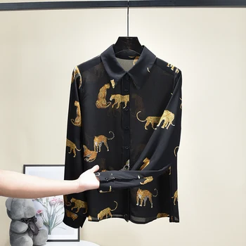 2021 m. Pavasarį Moterų Šifono Marškinėliai Aukštos kokybės gyvūnų spausdinti juodos palaidinės Viršų C782