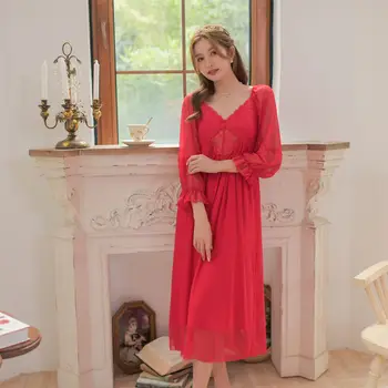 2021 Moterų Pavasario Seksualus V-Kaklo Modalinis Nightgowns Gazas Pilnas Rankoves Princesė Derliaus Naktį Suknelė Ilgai Stiliaus Blauzdos Ilgis Namuose Suknelė