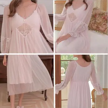 2021 Moterų Pavasario Seksualus V-Kaklo Modalinis Nightgowns Gazas Pilnas Rankoves Princesė Derliaus Naktį Suknelė Ilgai Stiliaus Blauzdos Ilgis Namuose Suknelė