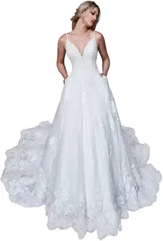 2021 Nėrinių Vestuvių Suknelės Nuotaka su Kišenėmis Spagečiai Dirželiai Dviguba V Kaklo Vestuvinės Suknelės vestido de noiva