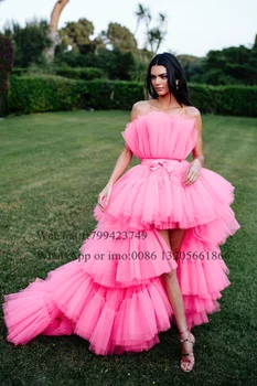 2021 Pakopų Hi-low Prom Dresses Stebėjimo Diržo Bowknot 2021 Rožinės spalvos Tiulio Ilgą vakarinę Suknelę Šalies Moterų Vestidos De Festa