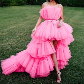 2021 Pakopų Hi-low Prom Dresses Stebėjimo Diržo Bowknot 2021 Rožinės spalvos Tiulio Ilgą vakarinę Suknelę Šalies Moterų Vestidos De Festa