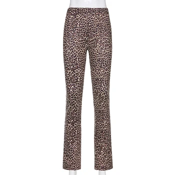 2021 Ruda Leopard Sweatpants Derliaus 90s Streetwear Padalinta Kelnės Moterims E Mergina Estetinės Ilgi Tiesūs Aukšto Liemens Kelnės Moteriška