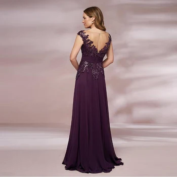 2021 Spalvingas Violetinė Aukšto Pusėje Ritininės Šifono Motina Nuotakos Suknelės Bžūp Rankovėmis Vien Valtis Kaklo Vestuves Chalatai Aplikacijos