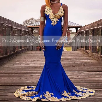 2021 Undinė Royal Blue Prom Dresses Su Aukso Appliques Spageti V Kaklo Afrikos Moterų Ilga Suknelė Šalis Oficialų Suknelė
