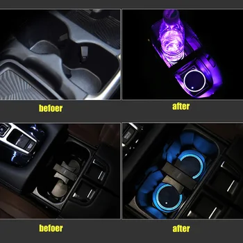 2vnt Automobilio LED Šviesos Puodelio Laikiklis Automobilių Interjero USB Spalvinga Atmosfera, Šviesos Lempa Gėrimo Laikiklis neslystantis Kilimėlis Auto Produktus