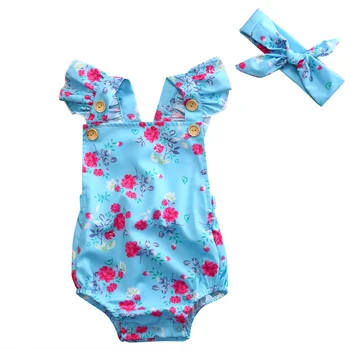 2vnt Mielas Ruffles Gėlių kūdikių drabužiai 2017 m. Vasaros Naujagimiui Kūdikių Mergaičių Romper+Lankelis Jumpsuit Drabužių Komplektus