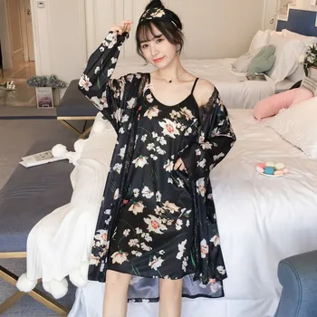 2VNT Šilko Satino Sexy Nėrinių Lingerie Nightgowns Skraiste Nustatyti Moterų 2020 Karštą Vasaros Spausdinti Chalatas Sleepwear Nightdress Naktį Suknelė