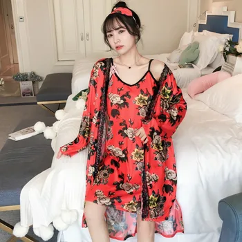 2VNT Šilko Satino Sexy Nėrinių Lingerie Nightgowns Skraiste Nustatyti Moterų 2020 Karštą Vasaros Spausdinti Chalatas Sleepwear Nightdress Naktį Suknelė