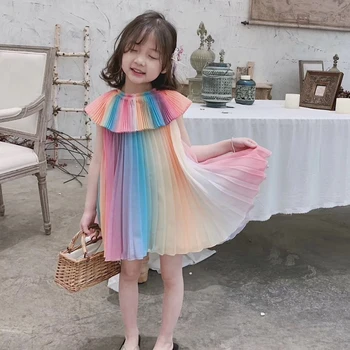 3-8 metų mergytę vasaros drabužių korėjos versija vaivorykštė plisuotos suknelė vaikų šifono princesė suknelė, paplūdimio mielas