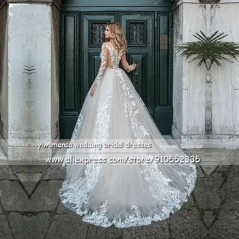3D Gėlės ilgomis Rankovėmis Appliques Vestuvių Suknelės Princesė Ponios Moterys, Mados, Vestuvinės Suknelės Mygtukus Atgal Chalatas De Mariage 2021