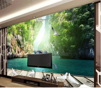 3d pavadinimas tapetai užsakymą 3d tapetai Delfinų žaidžia vandens mediena, Guilin kraštovaizdžio sienos photo 3d tapetai