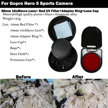 58mm Go pro HERO 5 HERO5 16x Makro Objektyvo + UV Raudonas Filtras +Objektyvo Dangtelis GoPro hero5 Go pro Hero 5 Juoda sporto fotoaparato Priedai