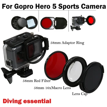 58mm Go pro HERO 5 HERO5 16x Makro Objektyvo + UV Raudonas Filtras +Objektyvo Dangtelis GoPro hero5 Go pro Hero 5 Juoda sporto fotoaparato Priedai