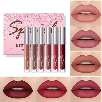 6pcs/Set Sexy Raudona Non-Stick Taurės Velvet Matte lūpų dažų Ne nyksta Ilgalaikį Lūpų Atspalvį Makiažo Priemonė Lūpų Kosmetika