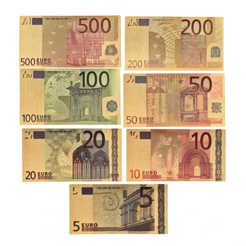 7Pcs/daug 5 10 20 50 100 200 500 EUR Aukso Banknotų 24K Aukso Netikrą Popierinių Pinigų Kolekcija Eurų Banknotų Rinkiniai