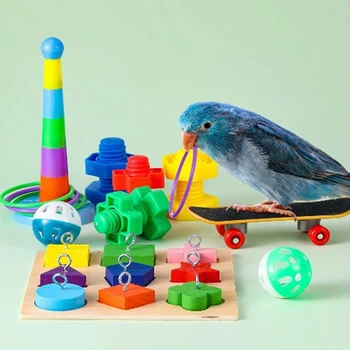 9Pcs Paukščių Mokymo Žaislų Rinkinys Medinių Blokas Įspūdį Žaislas Žiedas Žaislas Riedlentė Riešutai Varžtas L5YE